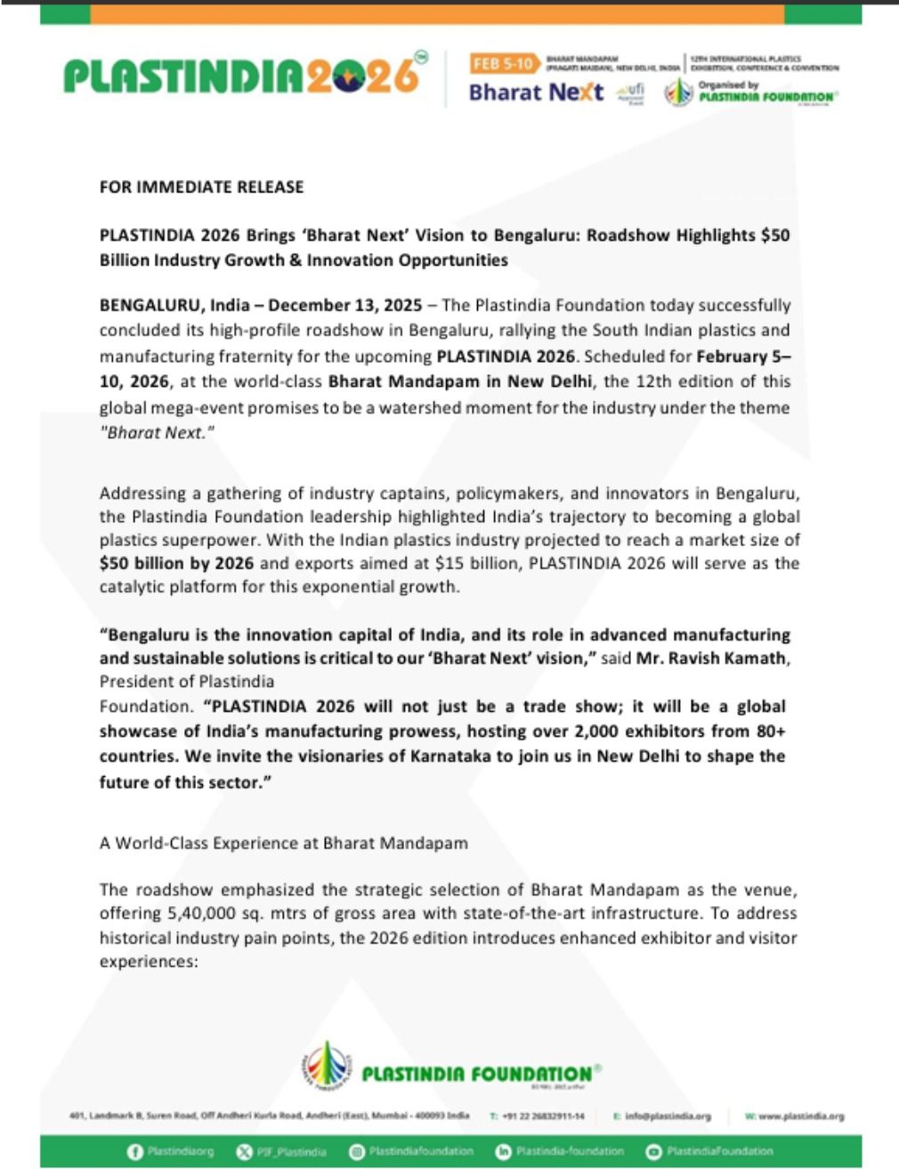 PLASTINDIA 2026 - Bengaluru Press Release